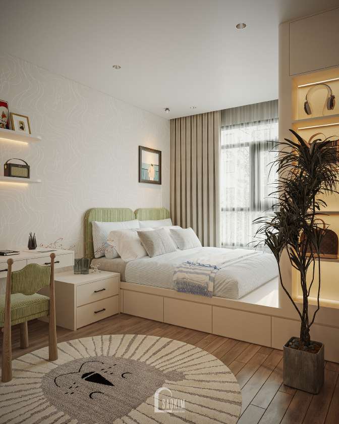 Thiết kế nội thất phòng ngủ con gái chung cư The Zurich Vinhomes Ocean Park 1 mang phong cách Modern Organic
